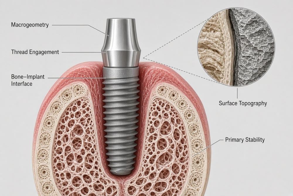 مقطع شماتیک ایمپلنت دندانی و ارتباط Thread Geometry و Surface Topography با Bone–Implant Interface
