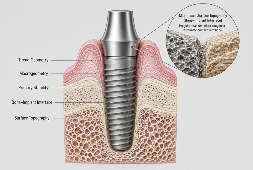 مقطع شماتیک ایمپلنت دندانی و ارتباط Thread Geometry و Surface Topography با Bone–Implant Interface
