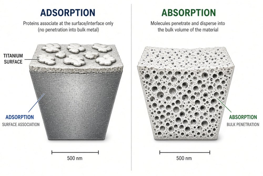 مقایسه مفهومی جذب سطحی Adsorption و جذب حجمی Absorption در بیومتریال ایمپلنت