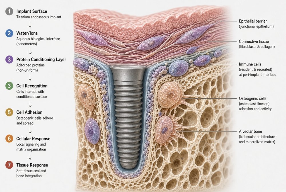 نمای مفهومی از Peri-Implant Interface و تعامل سطح ایمپلنت با محیط دهان